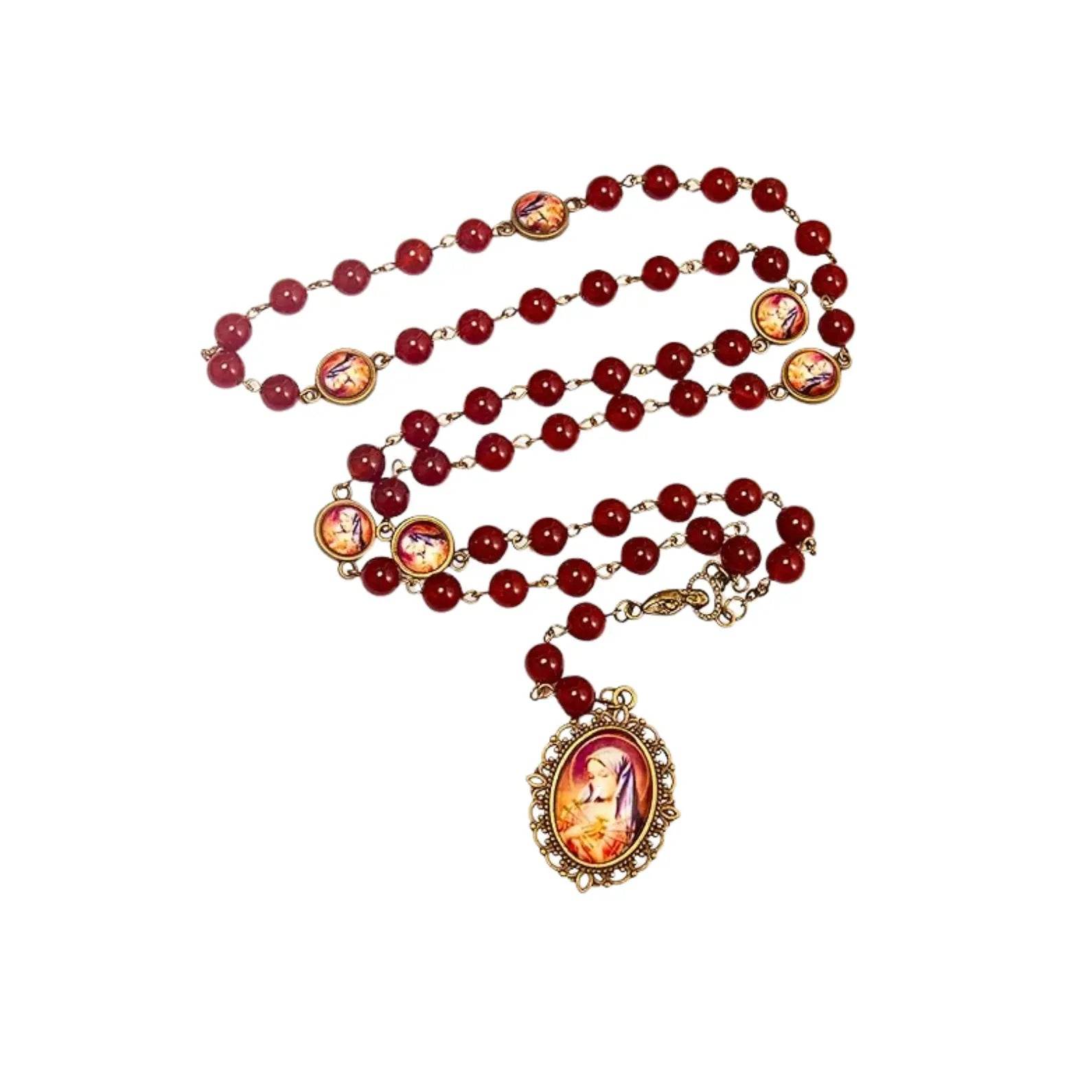 Our Lady of Sorrows Stone Beads Rosary Necklace with Epoxy 7 Sorrows Medallion - Nazareth Store