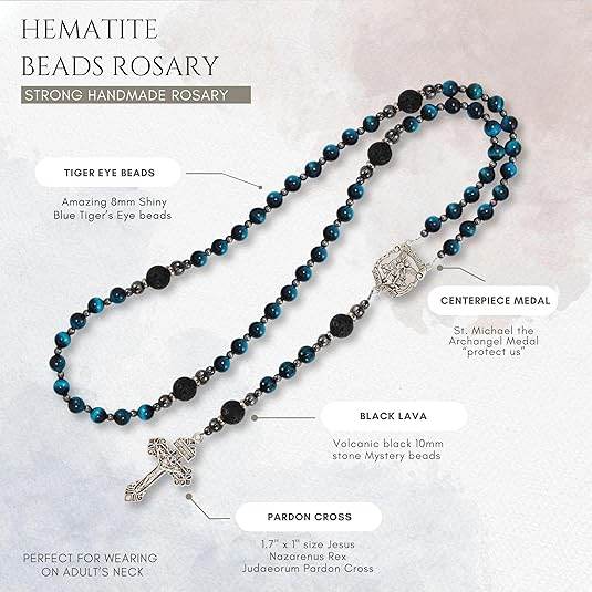 Men's Blue Tiger Eye Rosary with Lava Beads Saint Michael Medal & Cross – Gift Box Included - Nazareth Store