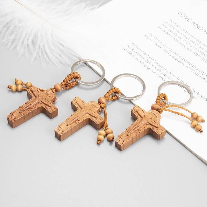 3pcs Wooden Crucifix Keychain Set Hand-Carved Peach Wood with Beaded Rope - Nazareth Store