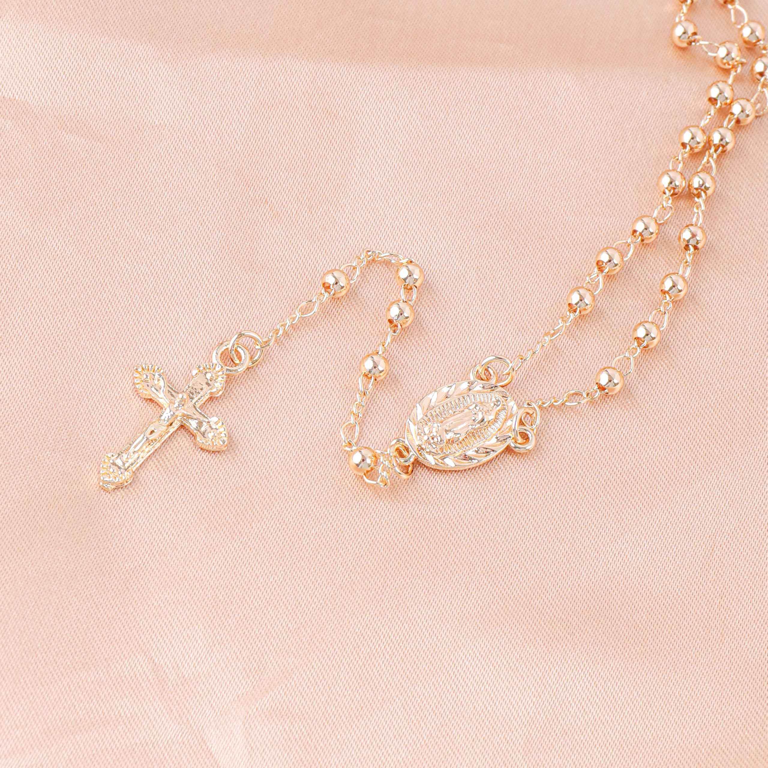 18K Gold Bronze Rosary Necklace Our Lady of Guadalupe & Crucifix with 3mm Prayer Beads - Nazareth Store