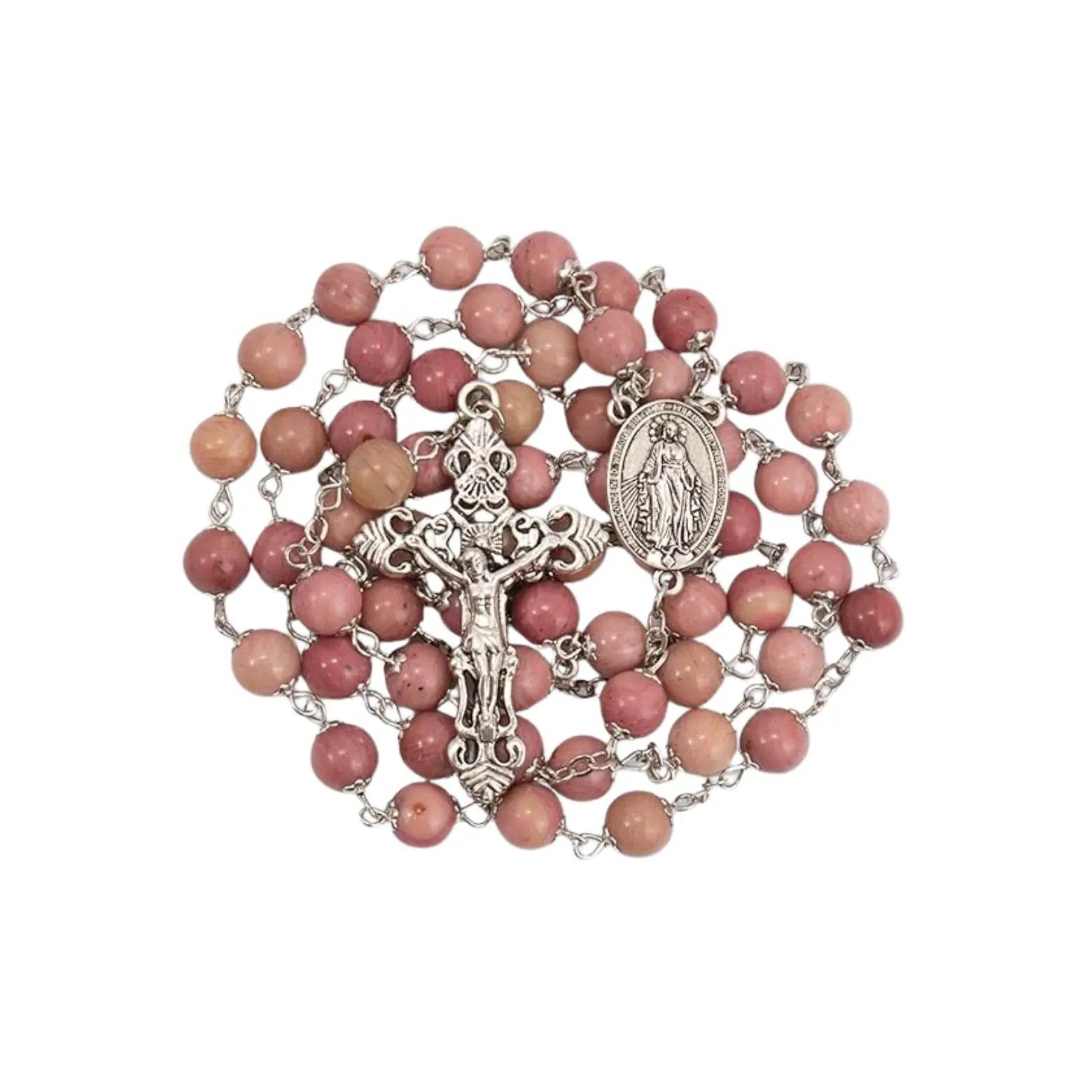 Pink Aventurine Rosary Necklace with Silver Holy Soil Medal & Cross - Nazareth Store
