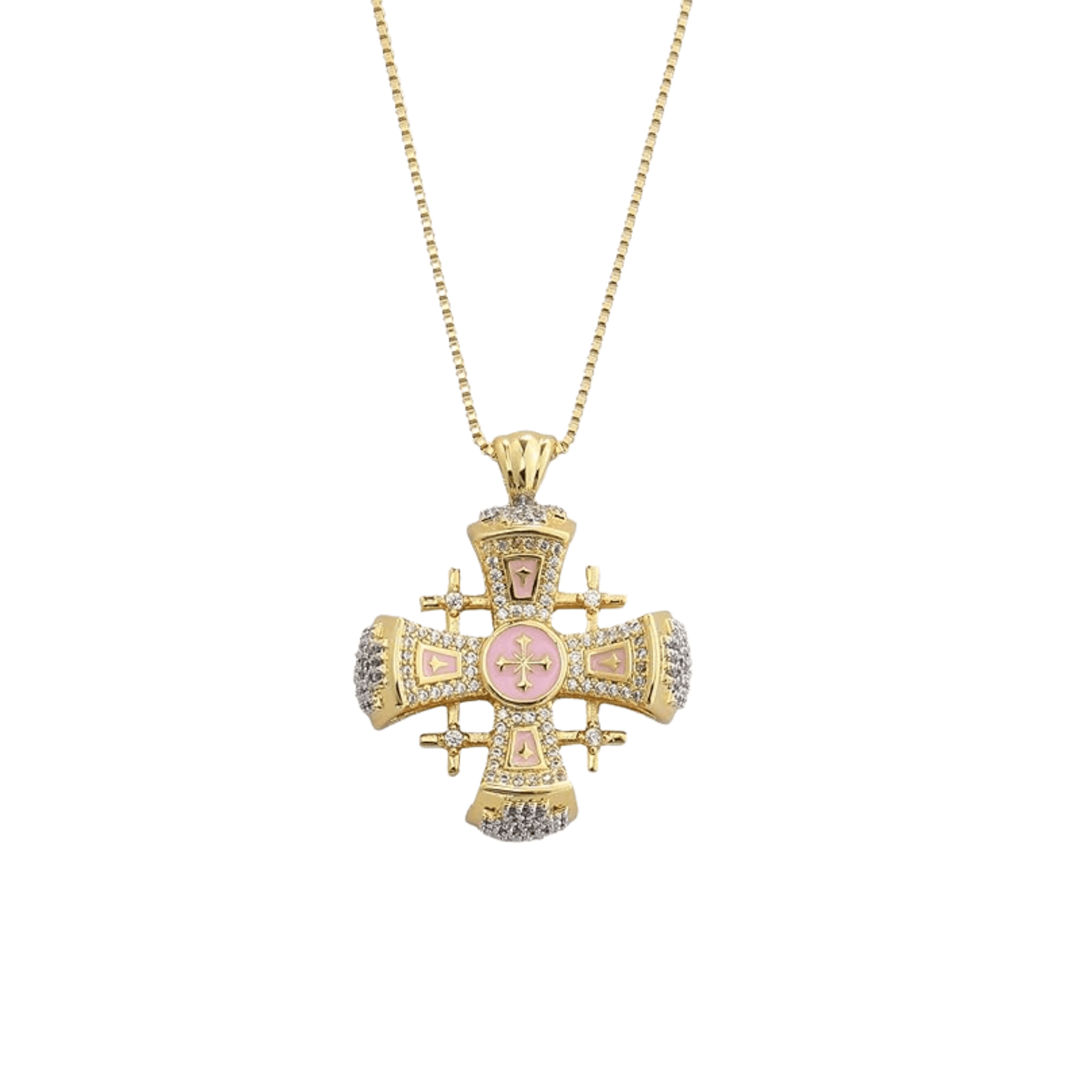Pink Enamel Jerusalem Cross Pendant Necklace 18k Gold Plating Crystallized Stones - Nazareth Store
