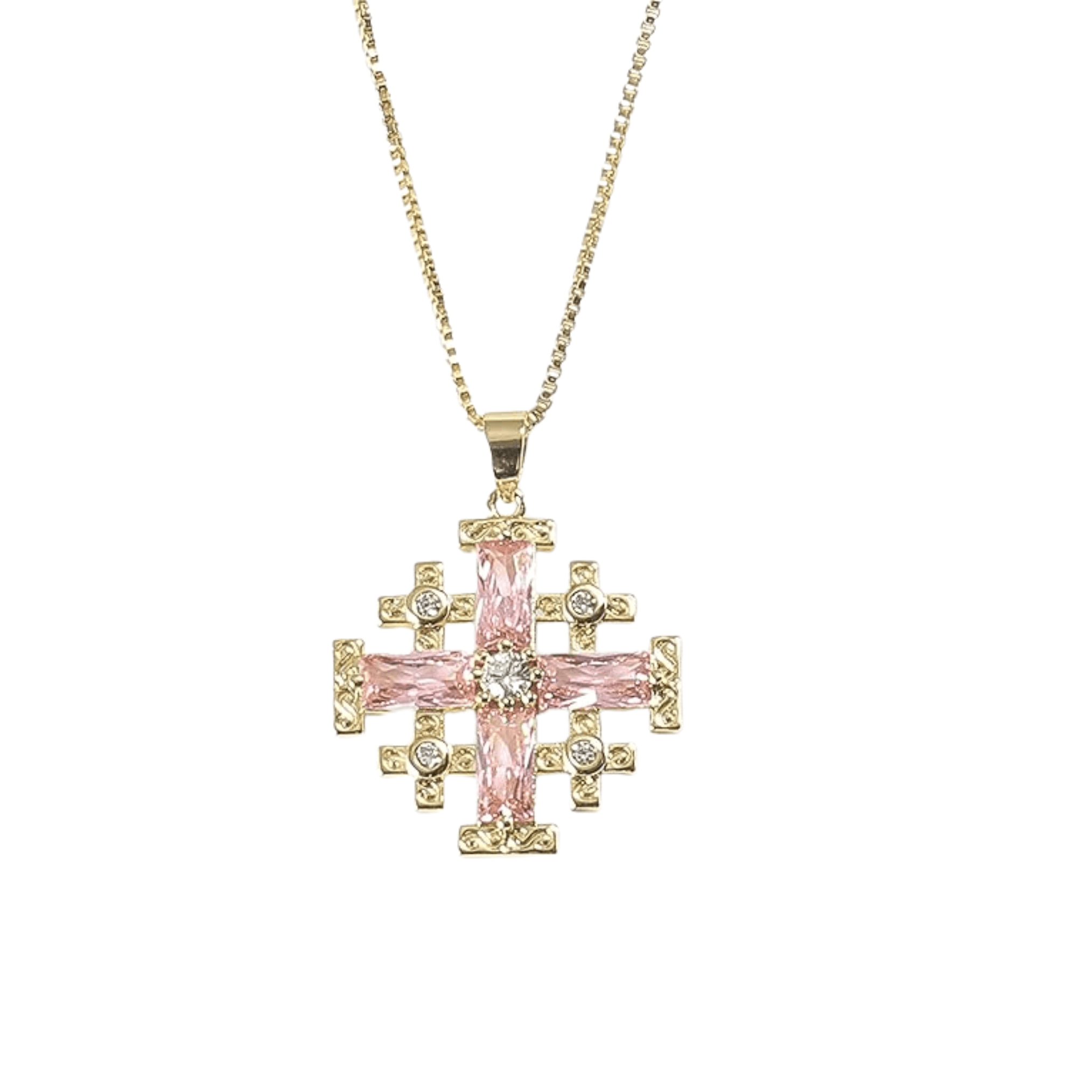 Pink Topaz Jerusalem Cross Pendant 18k Yellow Gold Plated with Crystals - Nazareth Store