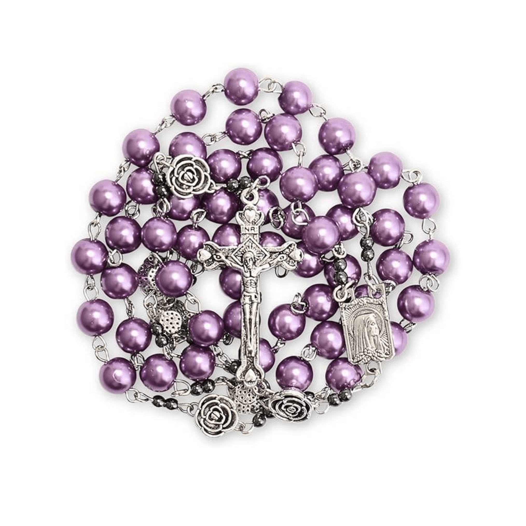 Purple Pearl Beads Rosary Metal Mystery Roses with Hematite Stone Rosary Necklace - Nazareth Store