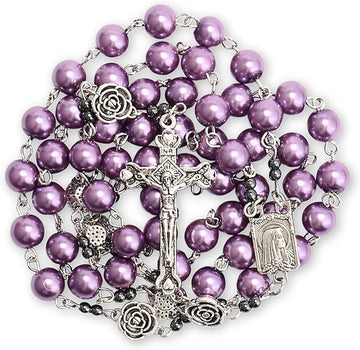 8mm round imitation pearl beads in vibrant purple color accented with metal mystery roses and small hematite stone beads