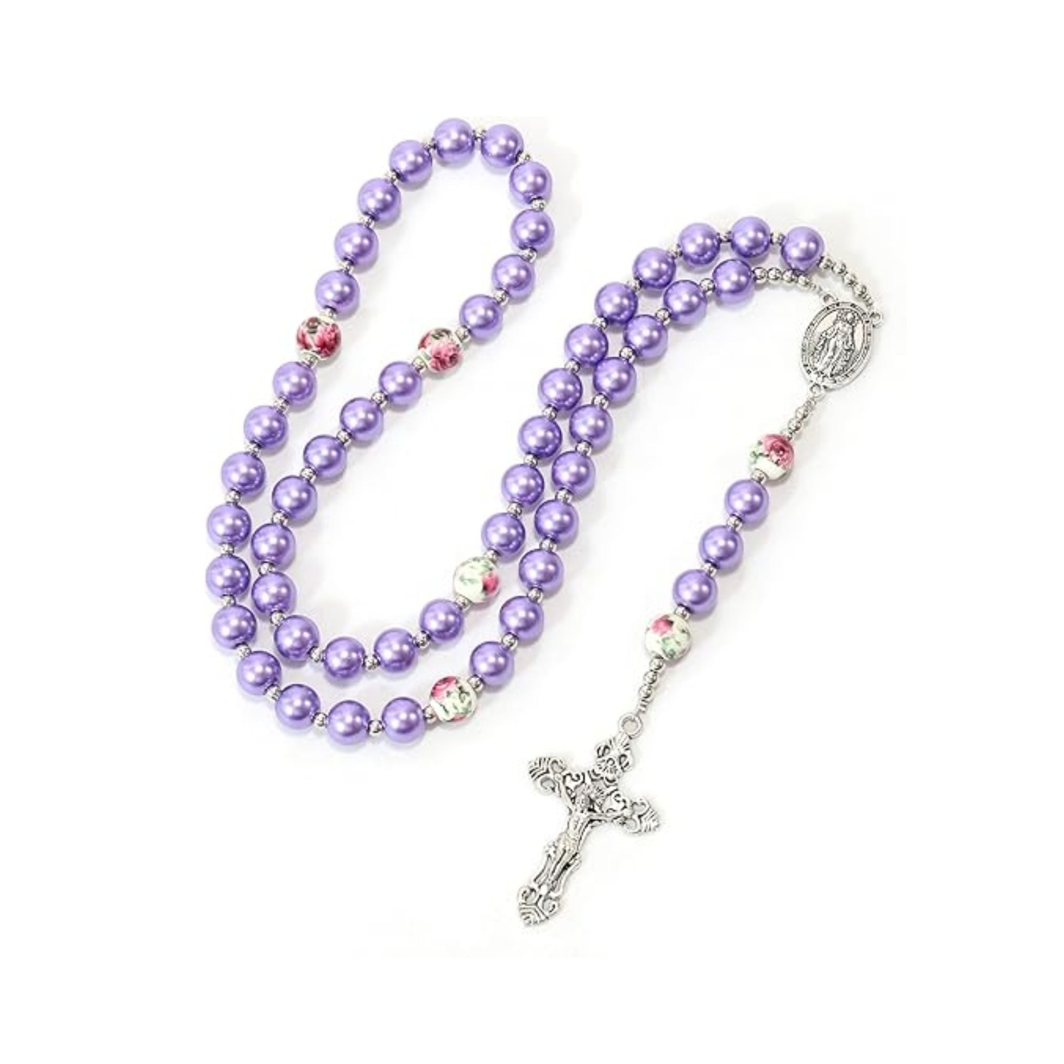 Purple Pearl Beads Rosary Necklace Flowers Beaded with Miraculous Medal & Cross - Nazareth Store
