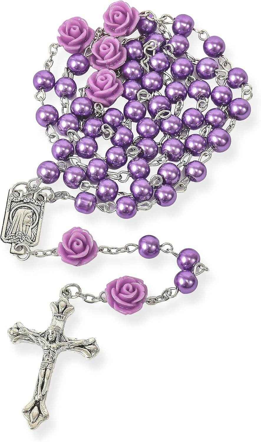 Purple Pearl Catholic Rosary Necklace Our Rose Lourdes Medal - Nazareth Store