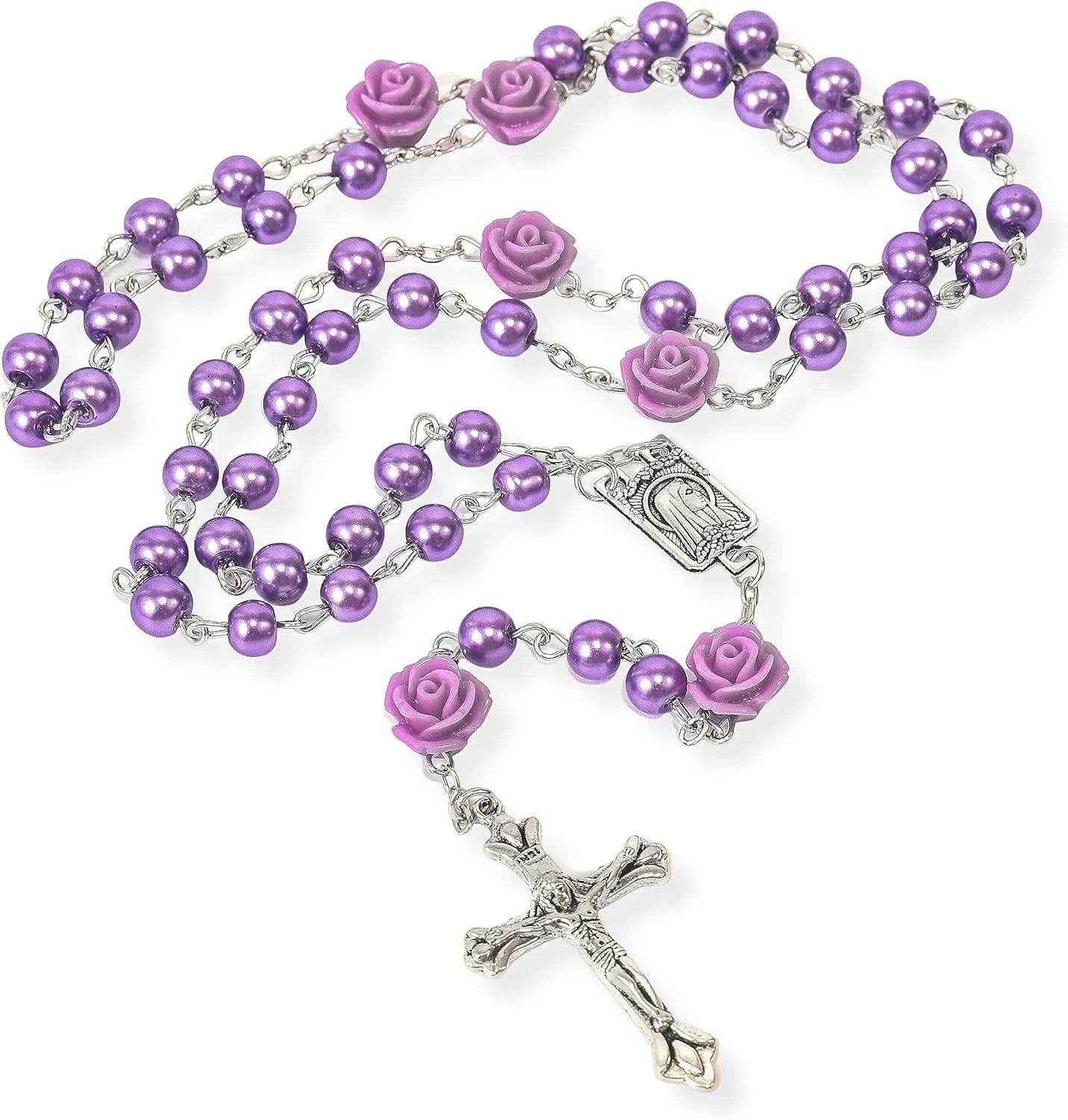 Purple Pearl Catholic Rosary Necklace Our Rose Lourdes Medal - Nazareth Store