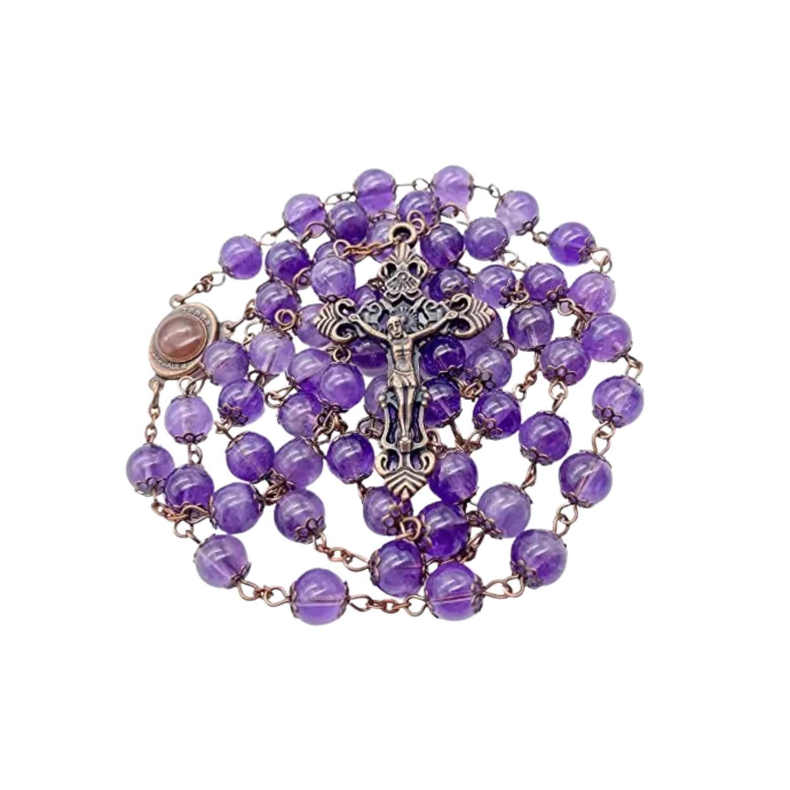 Purple Amethyst Stone Beads Rosary Necklace with Holy Soil Medal & Cross Crucifix - Nazareth Store