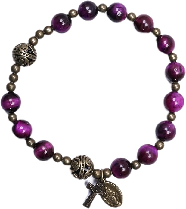 Purple Tiger Eye Rosary Bracelet Metal Separators with Miraculous Medal & Cross Wrist Jewelry - Nazareth Store