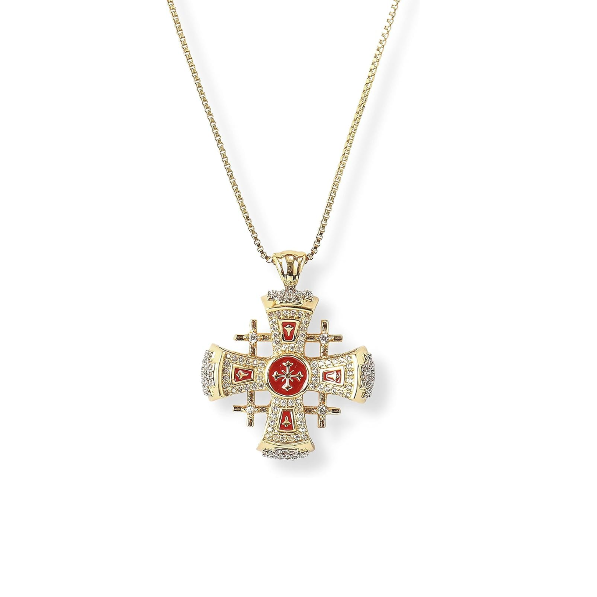 Jerusalem Crusader Cross Pendant Red Enamel Sterling Silver 925 Base 18K Yellow Gold Plating with Clear Rhinestones - Nazareth Store