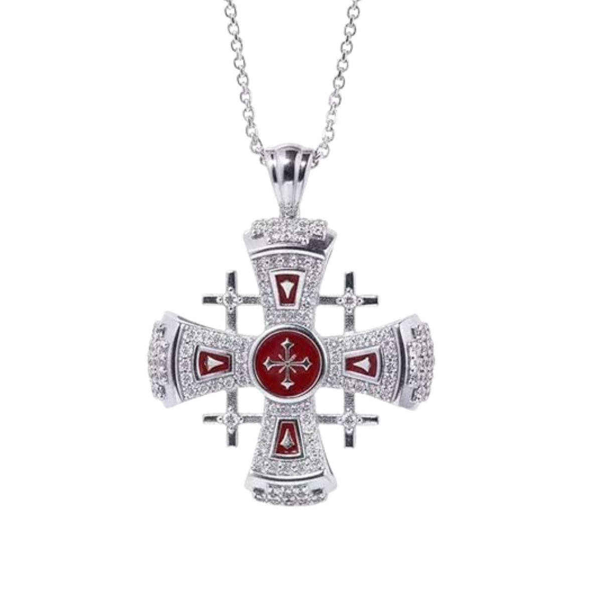 Red Enamel Jerusalem Cross Necklace Stainless Steel Silver Plated Pendant
