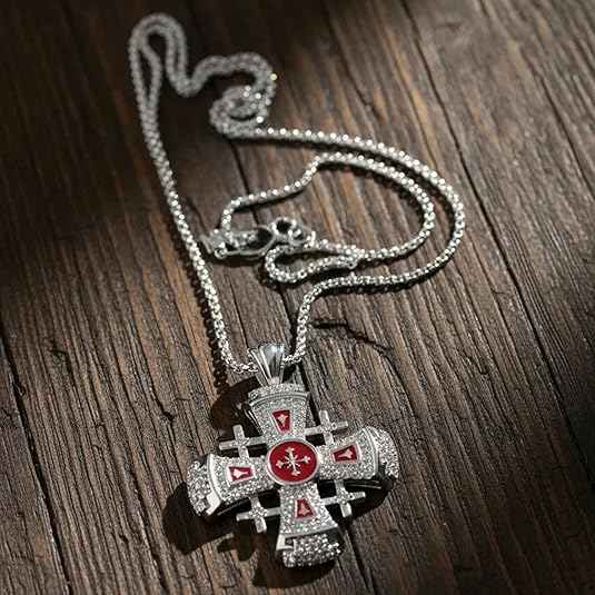 Red Enamel Jerusalem Cross Necklace Stainless Steel Silver Plated Pendant