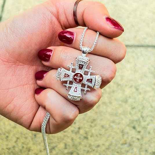 Red Enamel Jerusalem Cross Necklace Stainless Steel Silver Plated Pendant