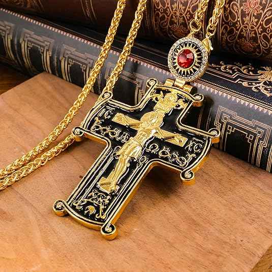 Round Red Stone Pectoral Cross Pendant Multi Zircon Crucifix Necklace