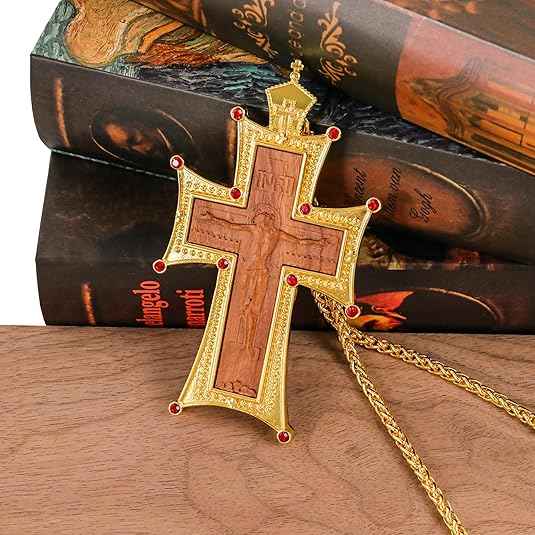 Wooden Cross Pendant Gold Plated Red Stone Necklace