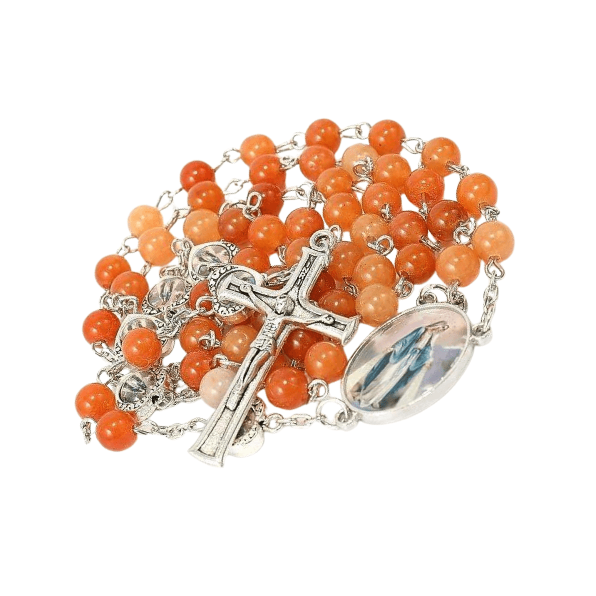 Rosary Necklace with Red Aventurine Beads and Miraculous Epoxy Heart Metal Beads - Nazareth Store