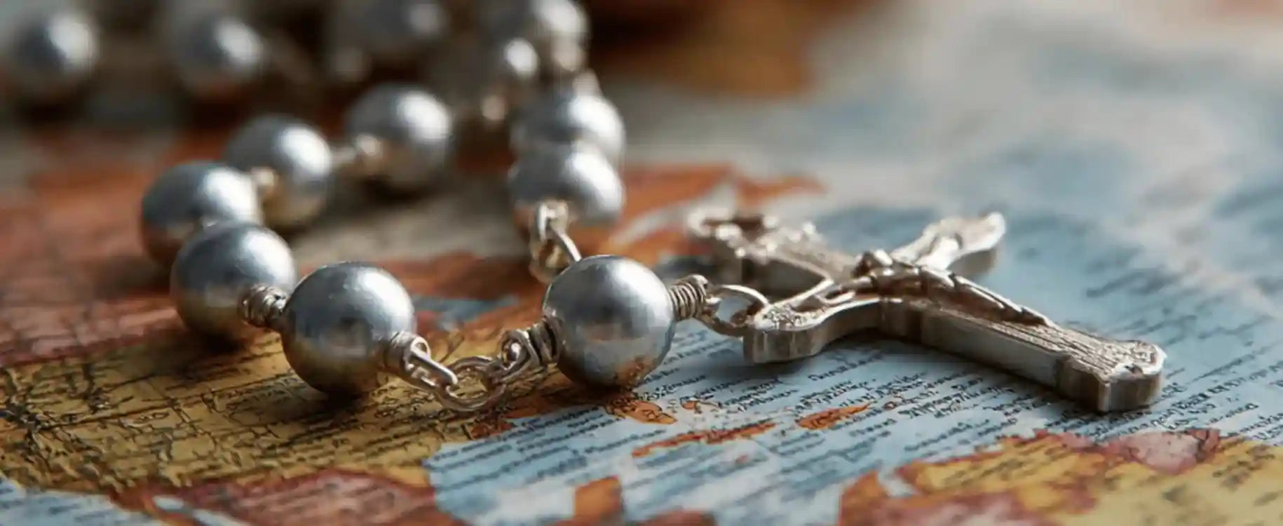 Silver rosary beads with a cross on an old map background