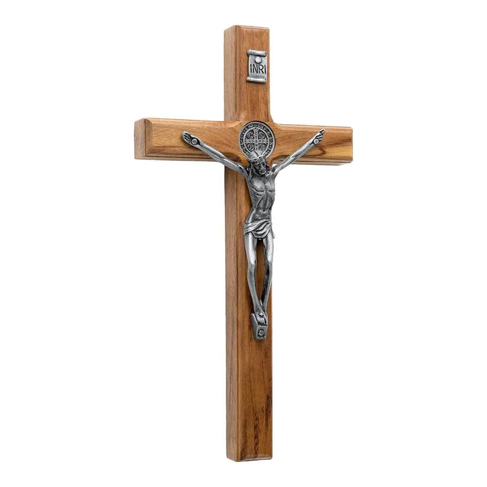 Wooden Wall Hanging Jesus Cross Walnut Solid Wood St. Benedict Protection Medal - Nazareth Store