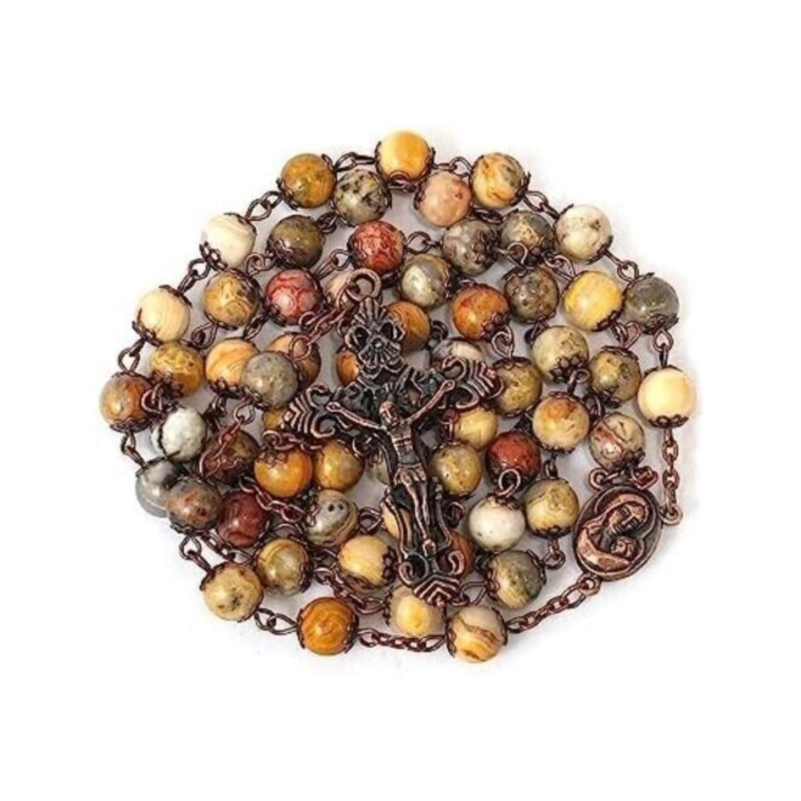 Yellow Jasper Natural Stone Rosary Beads Necklace Holy Soil & Cross Crucifix - Nazareth Store