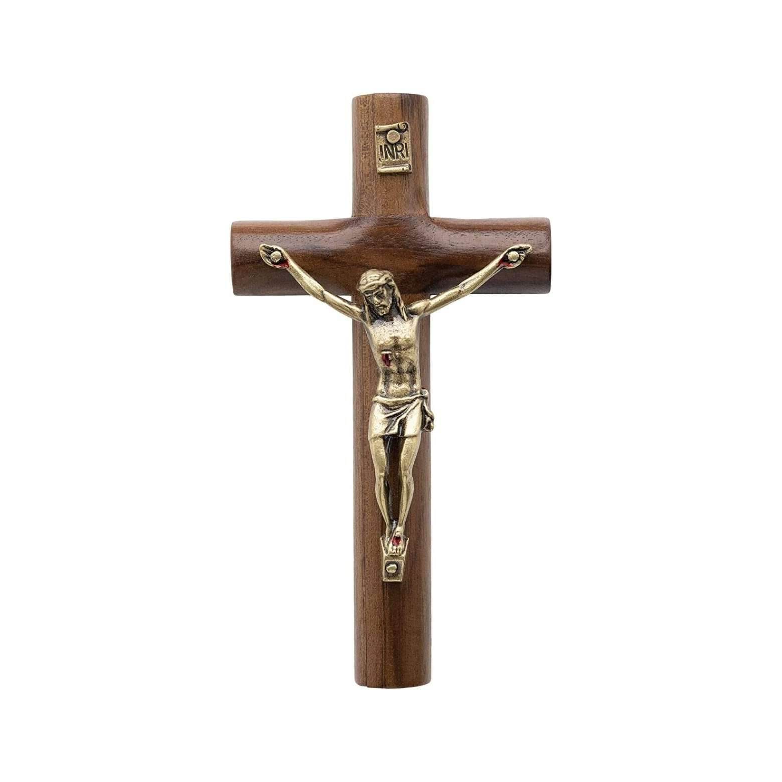Walnut Wood Wall Cross Antique Gold Jesus INRI Cross Hanging Catholic Crucifix - Nazareth Store
