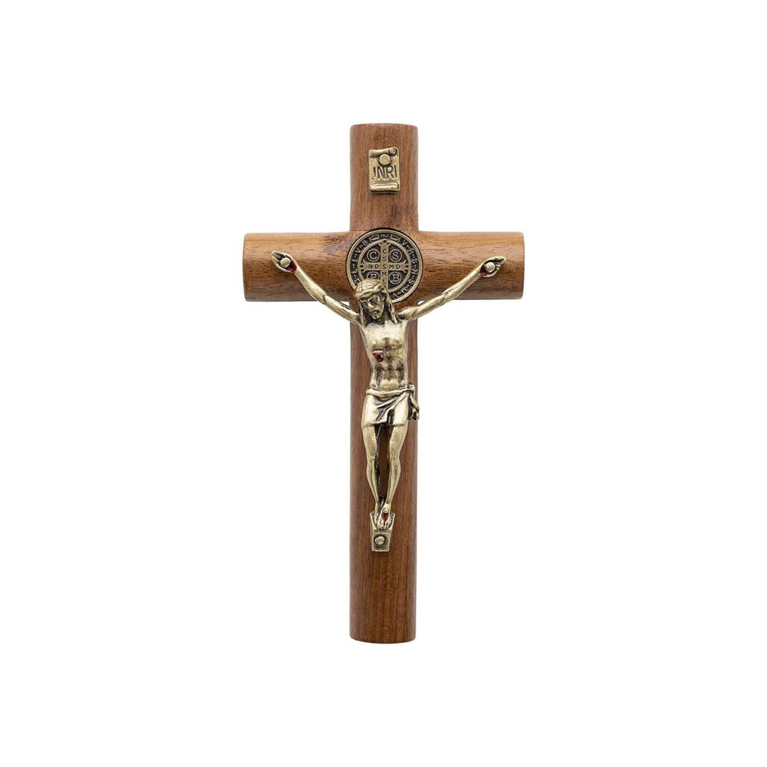 Walnut Wood Wall St. Benedict Cross Gold Jesus Wall Hanging Catholic Crucifix - Nazareth Store