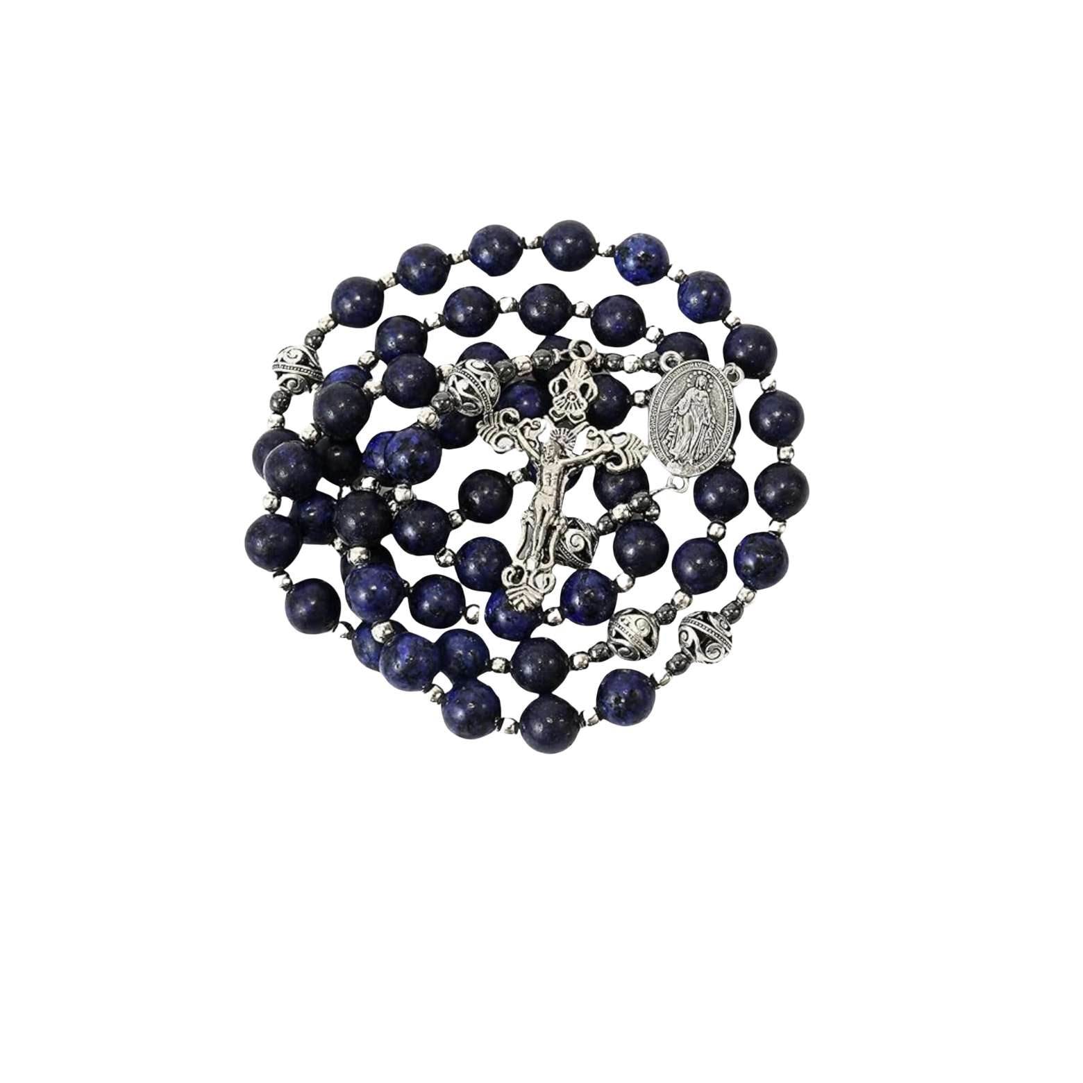 Blue Lapis Lazuli Beads Rosary Necklace with Miraculous Medal - Nazareth Store