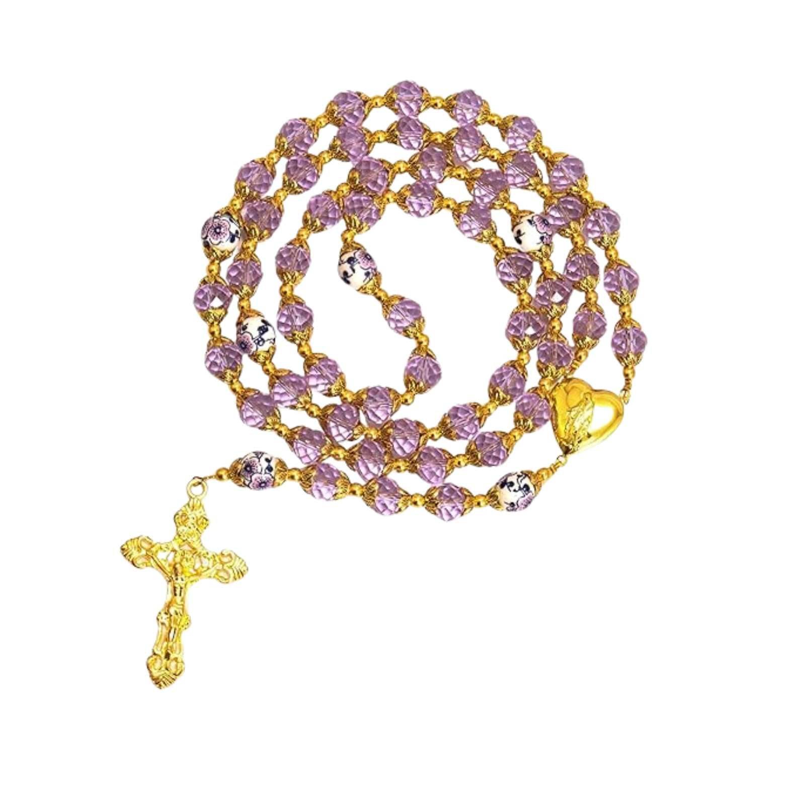 Crystal Beads Gold Flowers Beaded Rosary Necklace Miraculous Heart Locket Medal & Cross - Nazareth Store