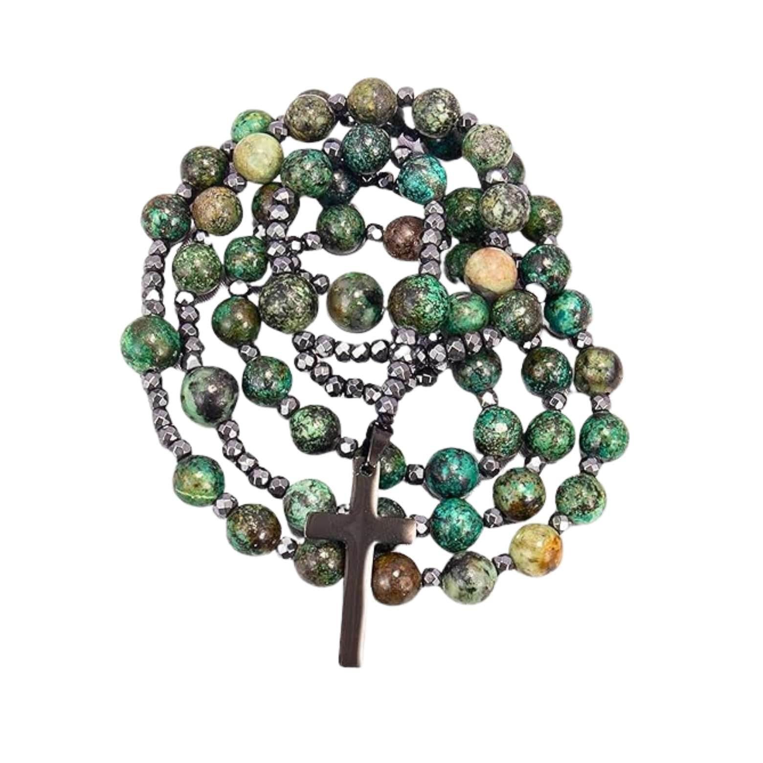 Hematite Stone Beaded Rosary Necklace with Black Metal Cross - Nazareth Store
