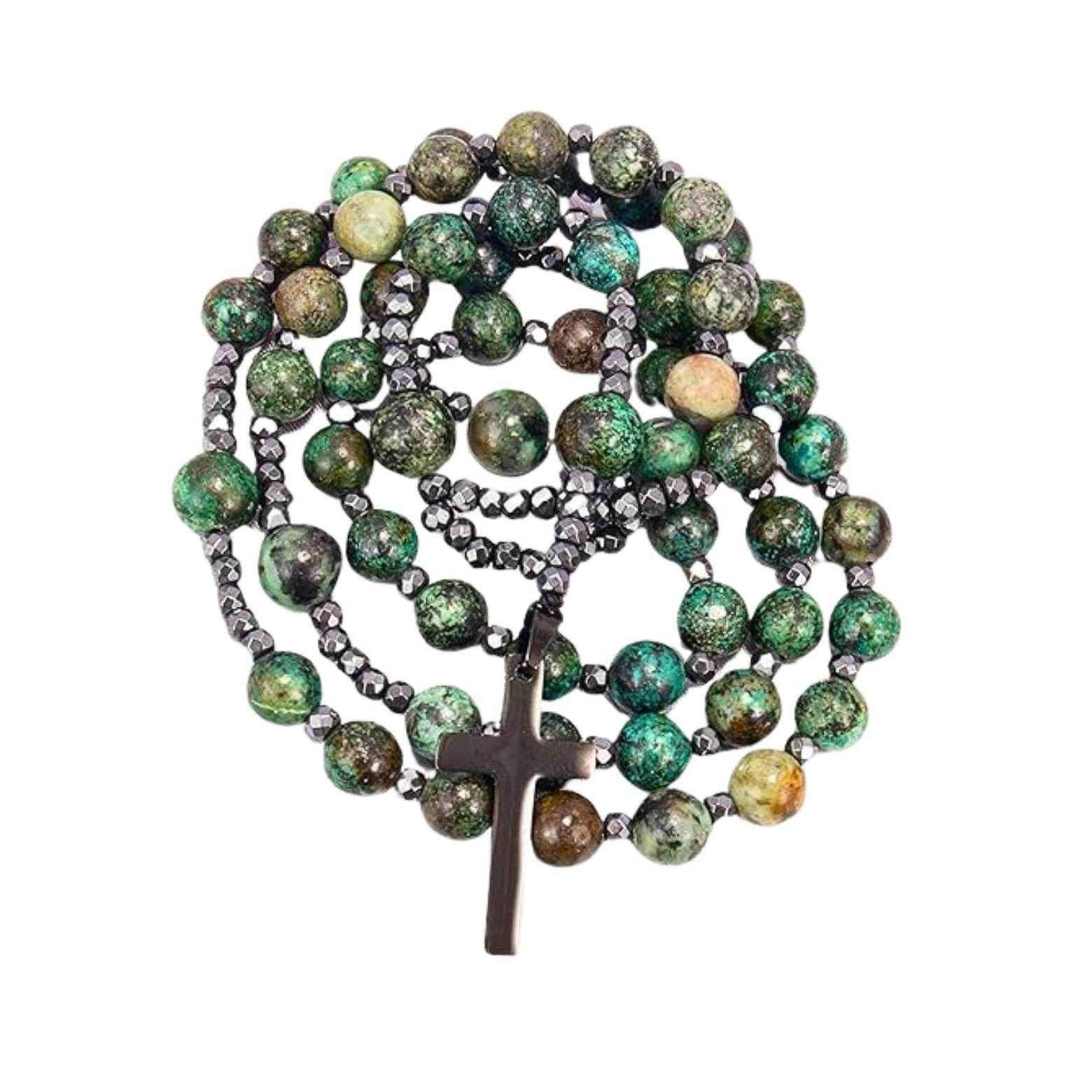 African Jasper Catholic Rosary Necklace with Hematite Beads & Black Cross