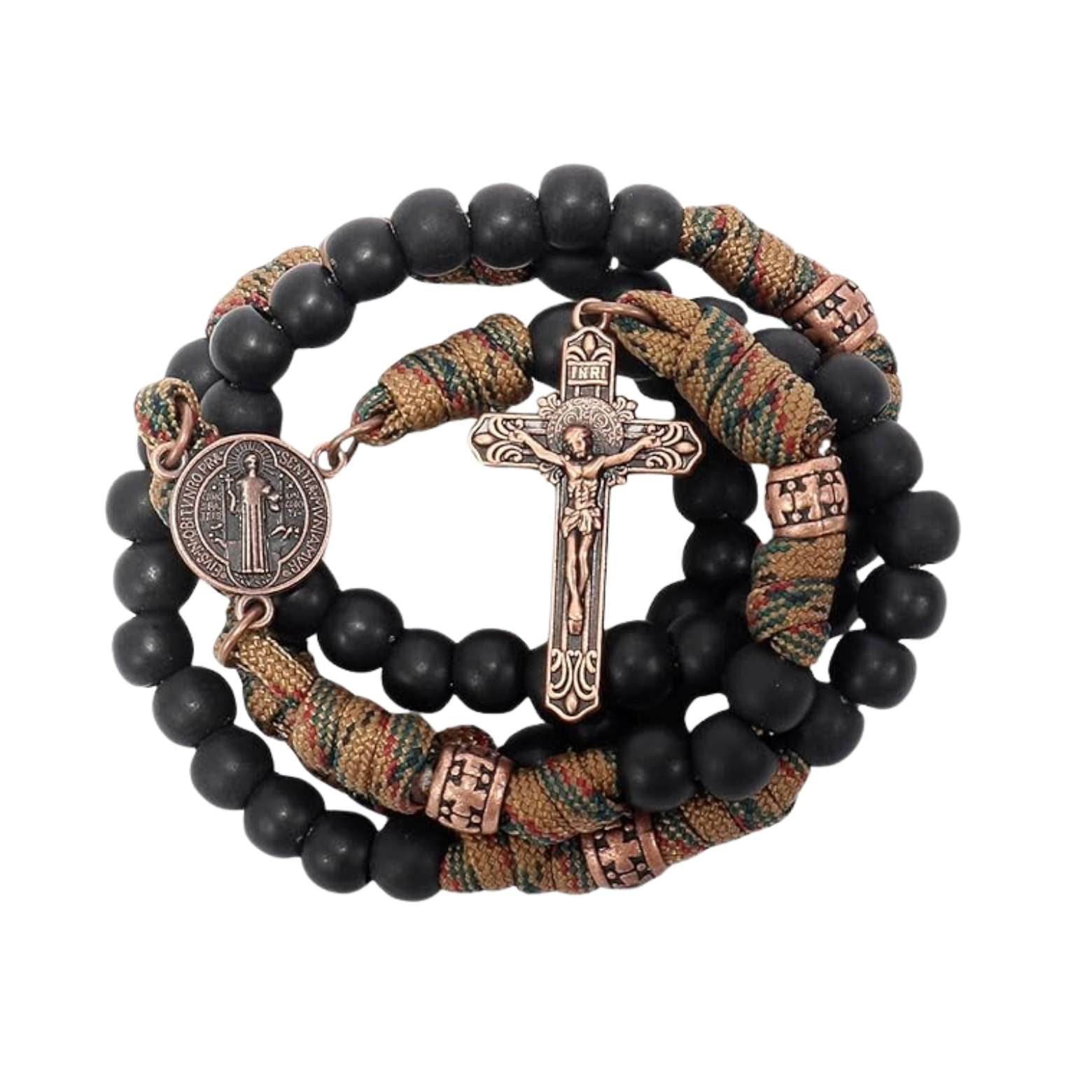 Black Matte Beads Rugged Paracord Rosary St. Benedict INRI Cross Strong Corded Necklace - Nazareth Store