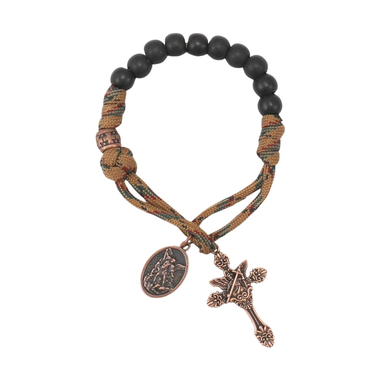 Black Beads Antique One Decade Paracord Rosary Pocket Car Rosary St Michael Medal & Archangel Cross - Nazareth Store