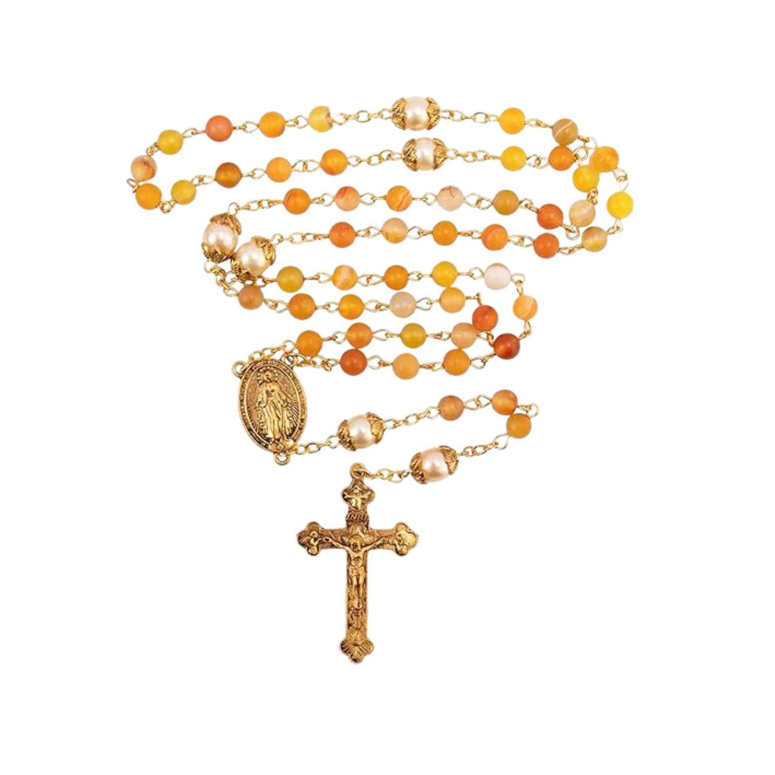 Matte Stone & Pearl Round Beads Rosary Gold Necklace Miraculous Medal & Cross - Nazareth Store