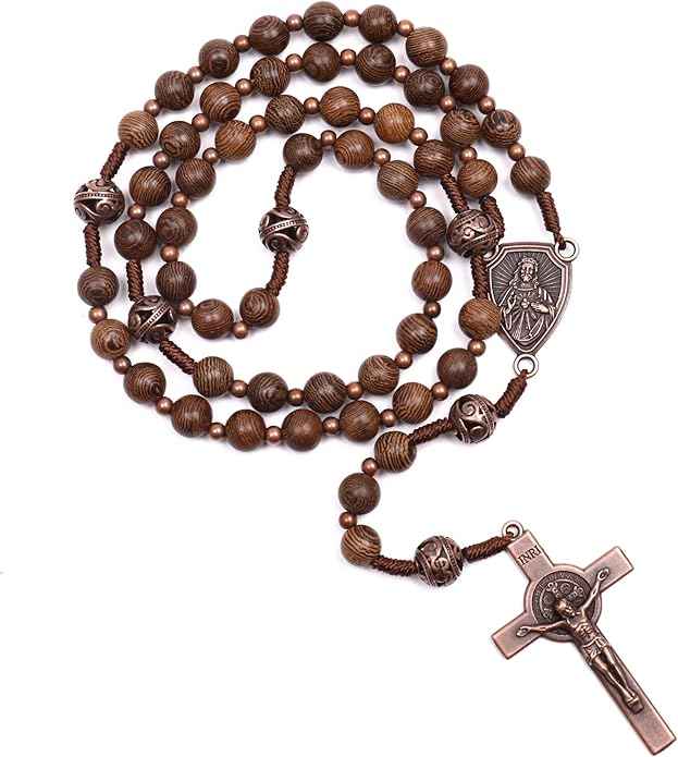 Solid Wooden Beaded Rosary Necklace Metal Glory Beads with Our Father Medal & Crucifix