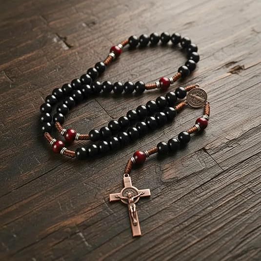 10mm black and 10mm black & dark red wood mystery beads, this rosary offers a bold, strong design that’s perfect for men.