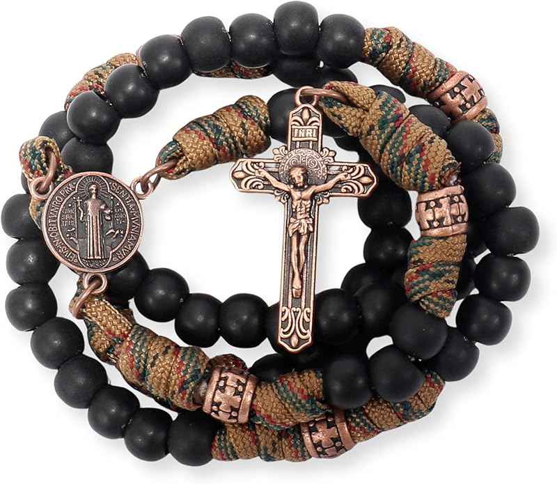 St. Benedict Paracord Rosary Necklace with Black Matte Beads & Copper Crucifix