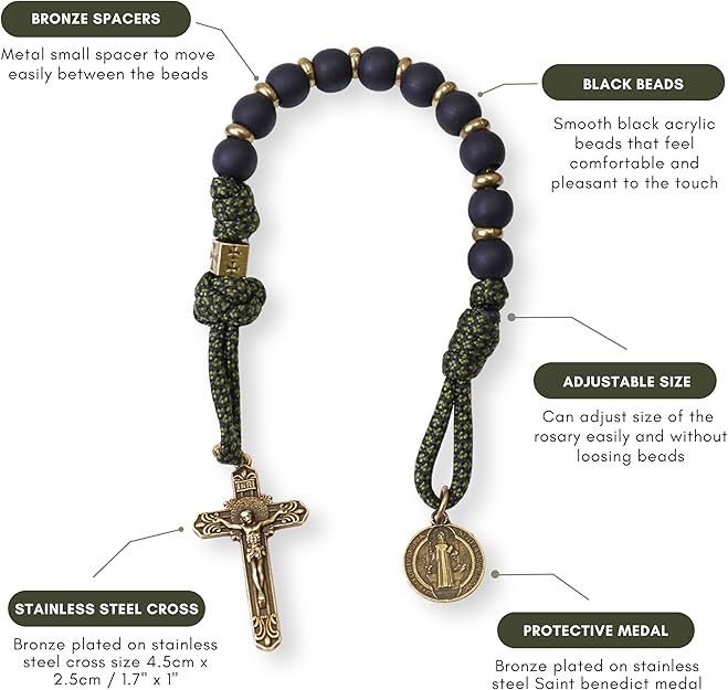 Rosary with bronze cross and medal, labeled features on a white background