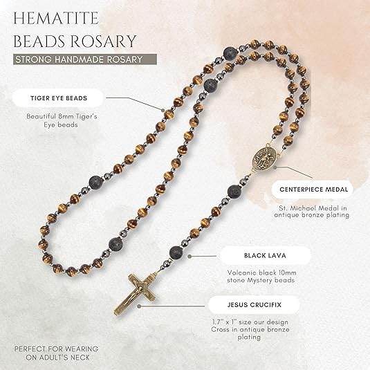 Men's Brown Tiger Eye Catholic Rosary with St. Michael Medal & Cross - Nazareth Store