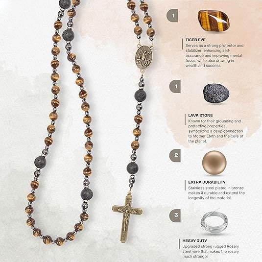 Men's Brown Tiger Eye Catholic Rosary with St. Michael Medal & Cross - Nazareth Store