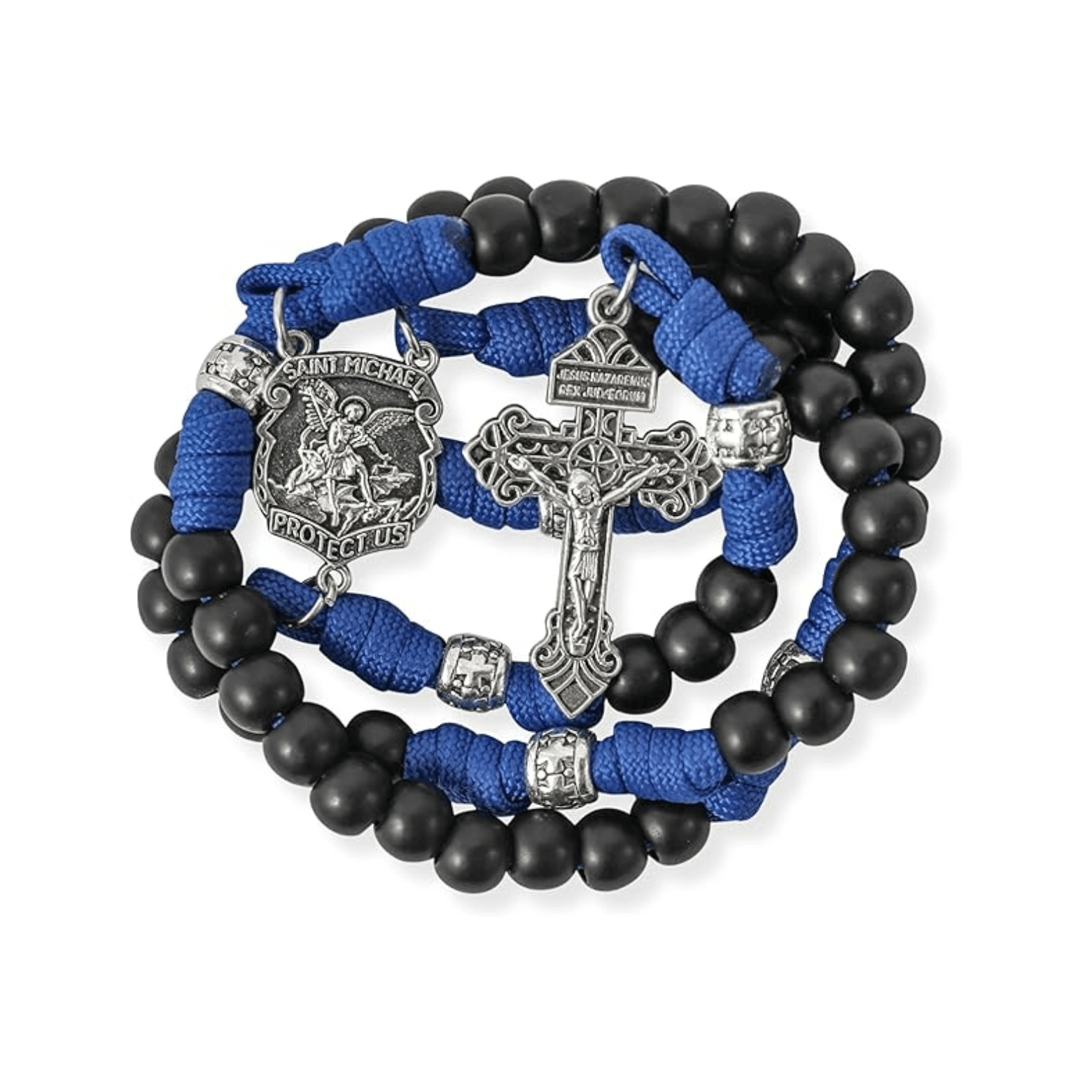 St.Michael Black Beads Blue Paracord Rosary Rugged Beaded Pardon Cross - Nazareth Store