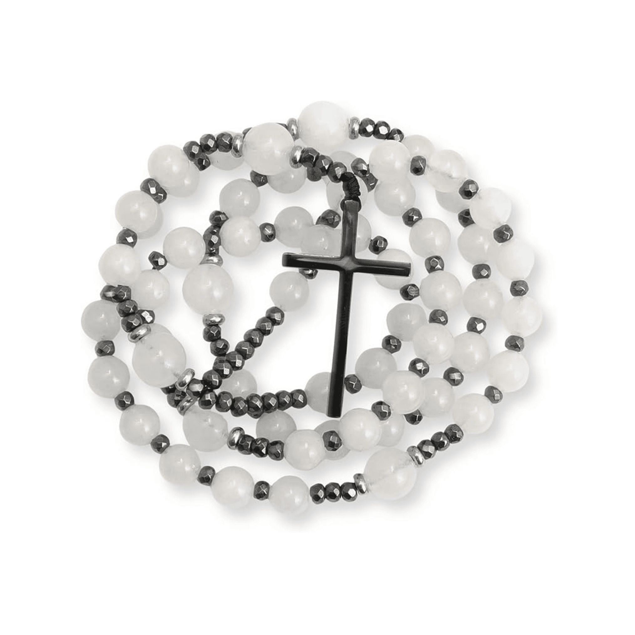 White Jade Catholic Rosary Necklace with Hematite Beads & Black Metal Cross