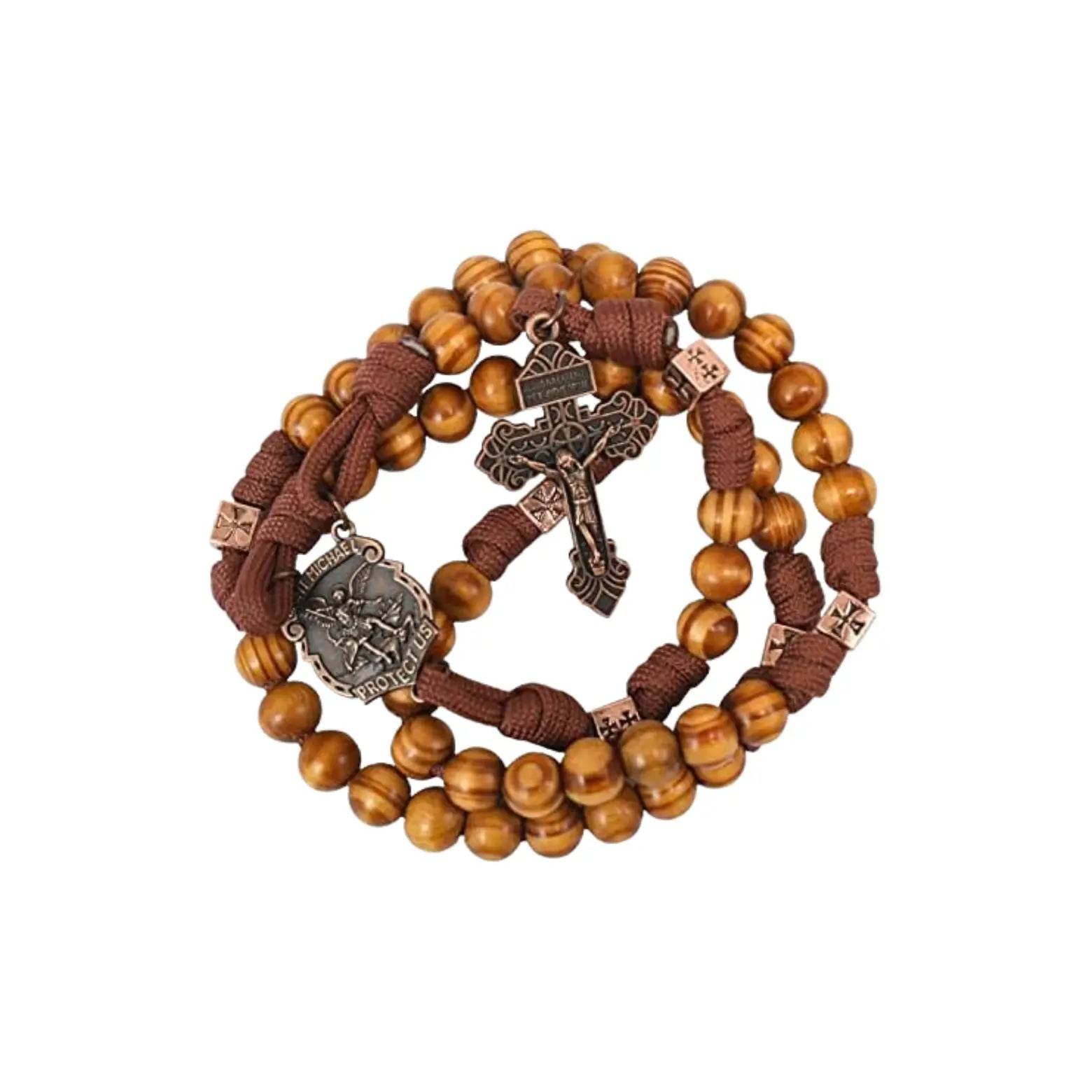 Strong Corded Wooden Beads Paracord Rugged Rosary Necklace with St.Michael Medal and Pardon Crucifix - Nazareth Store