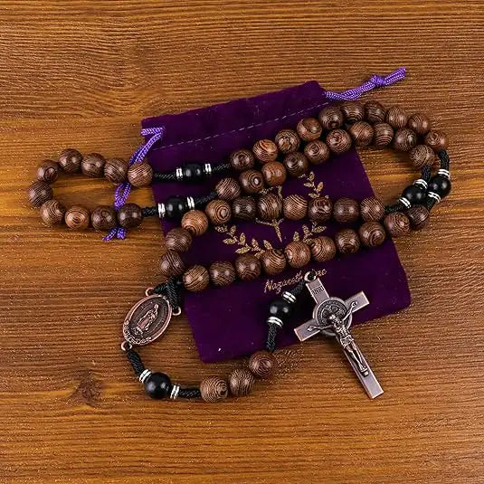 10mm olive and 10mm black wood mystery beads, this rosary offers a bold, strong design that’s perfect for men.