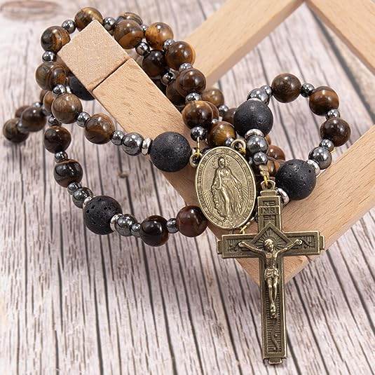 Brown Tiger Eye Catholic Rosary with Miraculous Medal & Cross Necklace for Men's - Nazareth Store