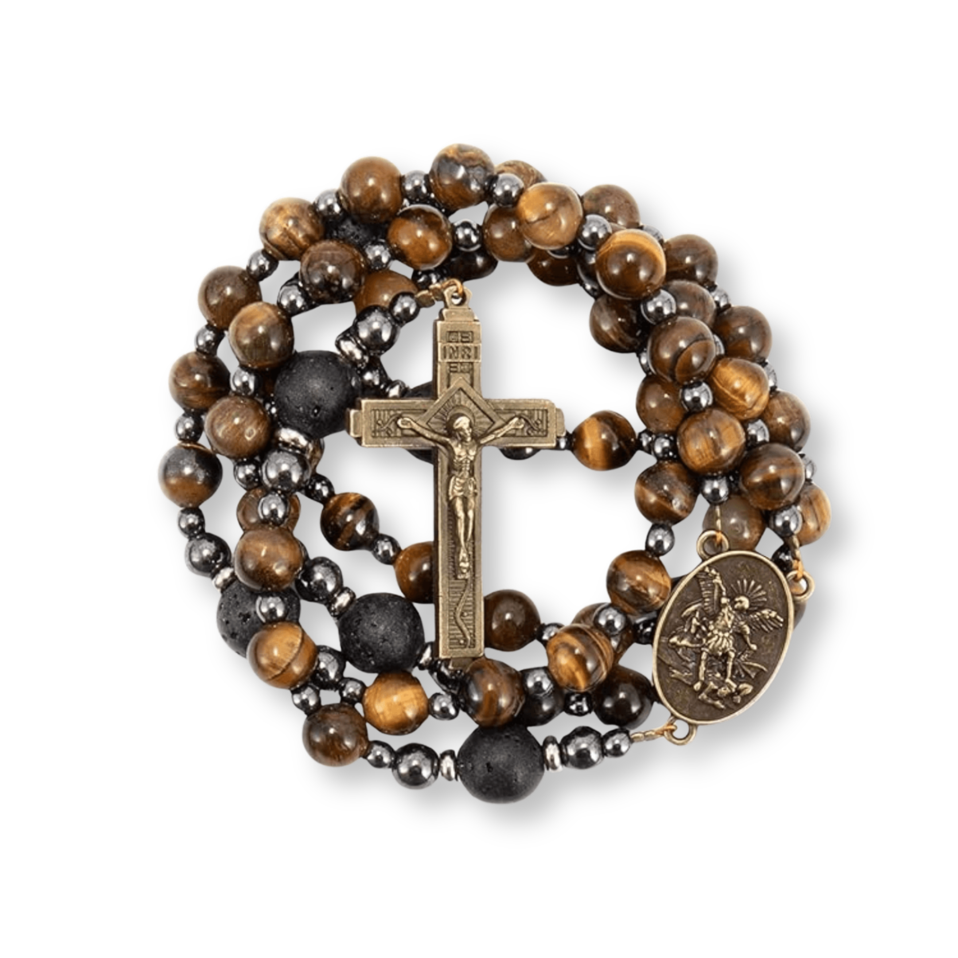 Men's Brown Tiger Eye Catholic Rosary with St. Michael Medal & Cross