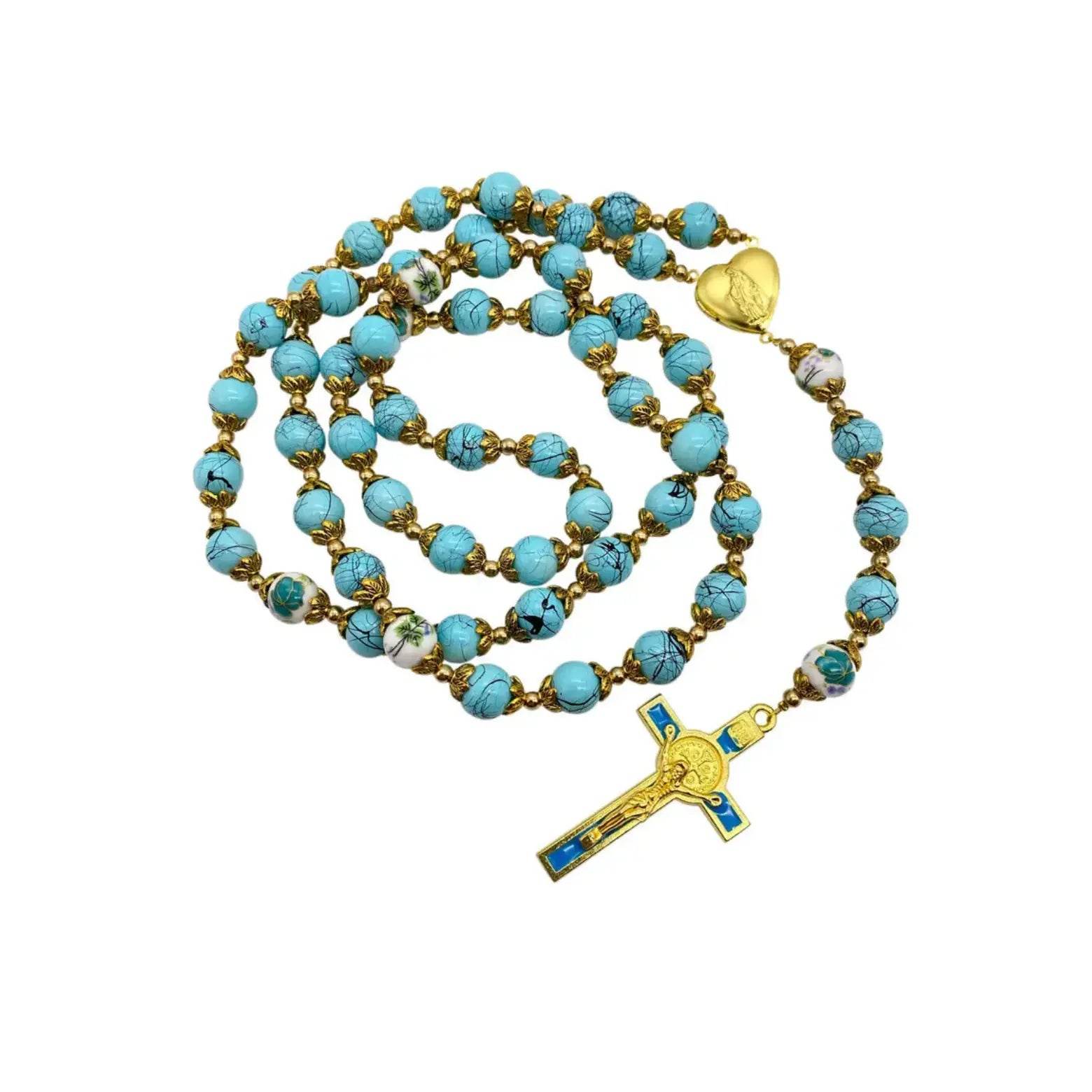 Turquoise Glass Rosary Necklace Flower Mystery Beads with Miraculous Medal & St. Benedict Crucifix - Nazareth Store