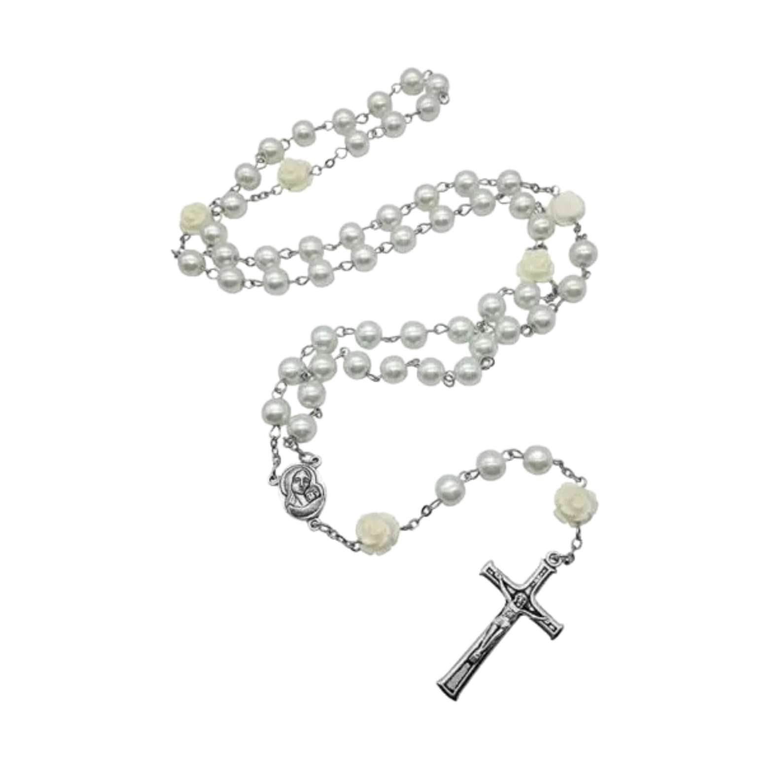 White Pearl Beads Rosary Necklace with Our Rose Lourdes Medal & Cross Crucifix - Nazareth Store