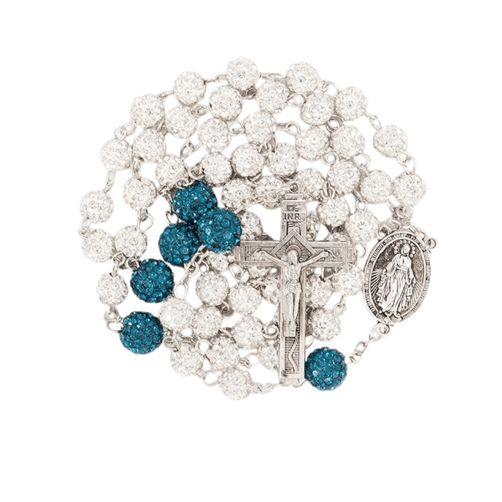 White with Blue Beads Rhinestones Crystal Beads Rosary Necklace - Nazareth Store