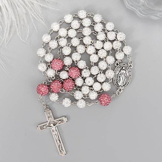 White with Pink Beads Rhinestones Crystal Beads Rosary Necklace - Nazareth Store