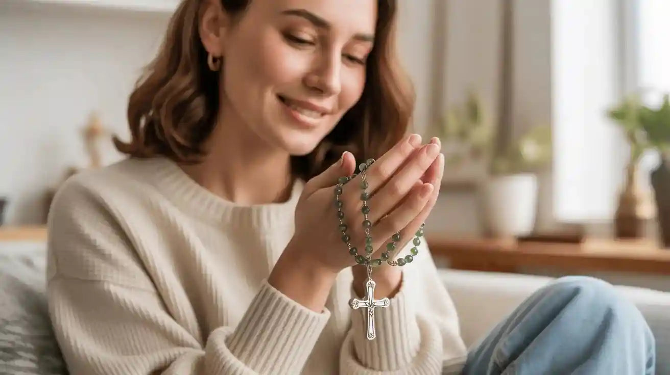 Woman holding a rosary with a cross, sitting on a couch in a bright room.